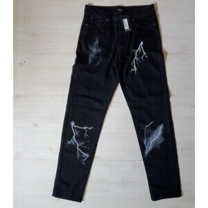 NWT Boohoo Man True Black Relaxed Fit Lightning Print Jeans Men's Size 32 Tall